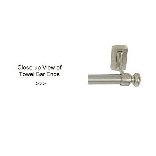 Brushed nickel towel bar with cylindrical rod and square mounting bracket shown at angle.