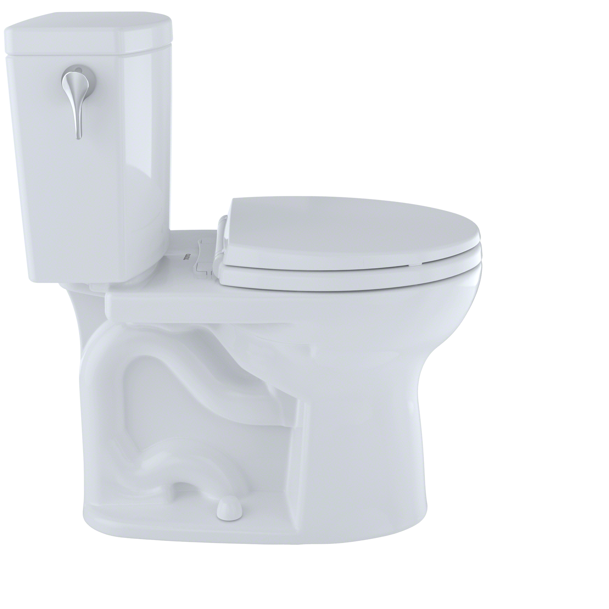 White two-piece round toilet with closed seat and separate tank featuring lever handle.