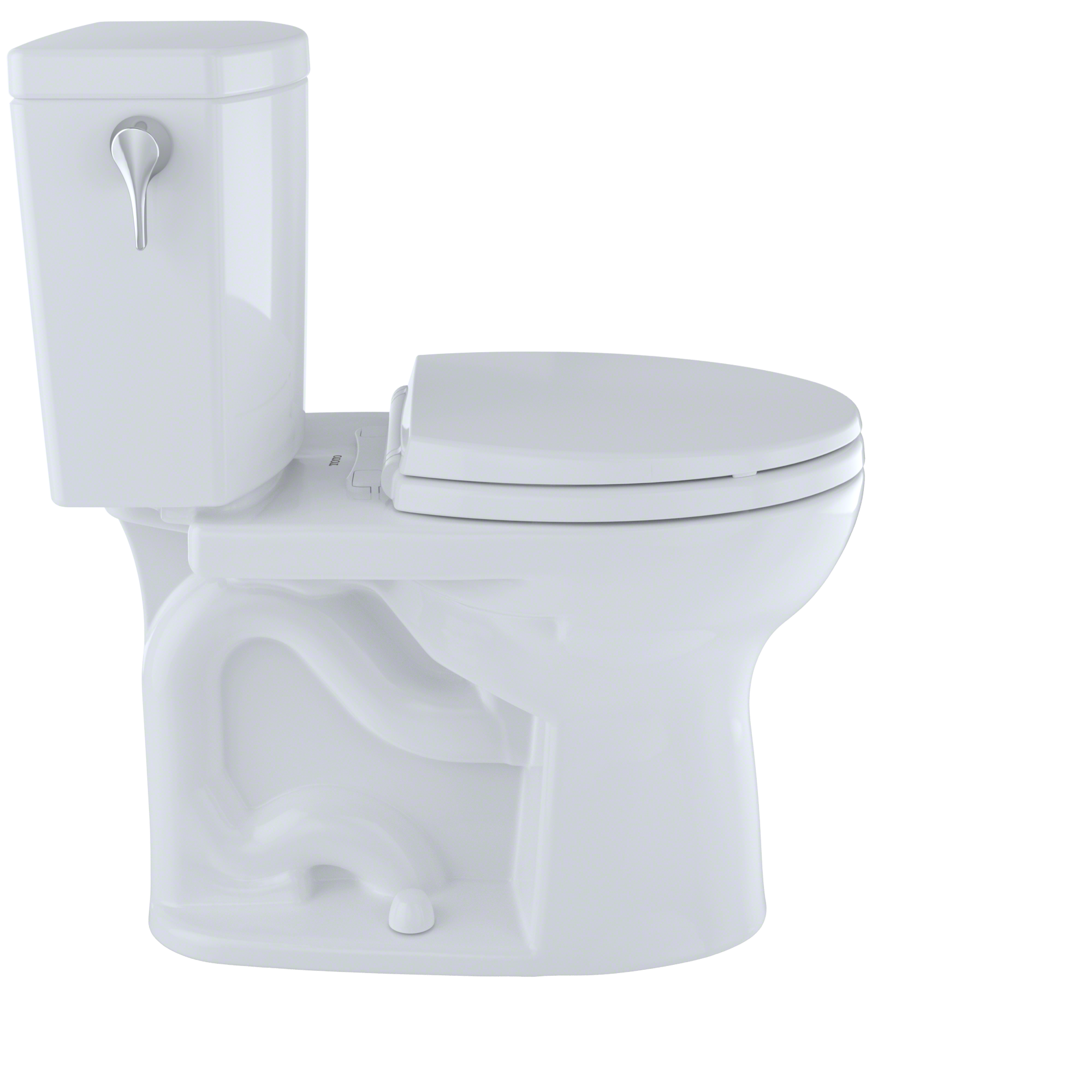 White two-piece round toilet with closed seat and separate tank featuring lever handle.