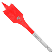 Red and gray spade bit with flat, wide cutting head and hexagonal shank for drilling wood.