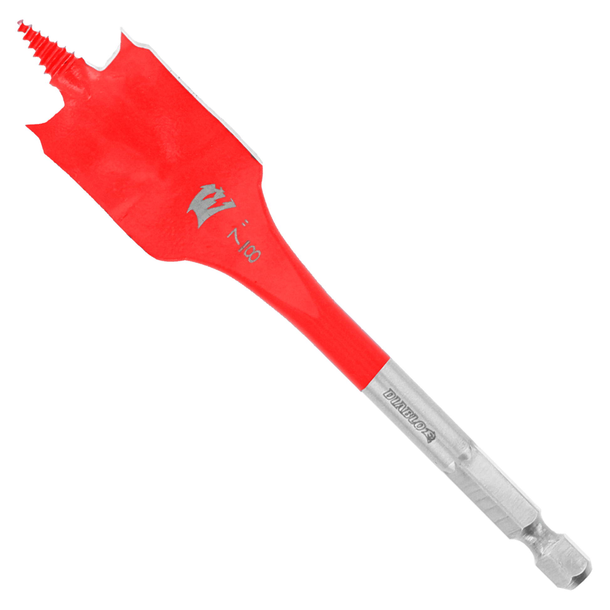 Red and gray spade bit with flat, wide cutting head and hexagonal shank for drilling wood.