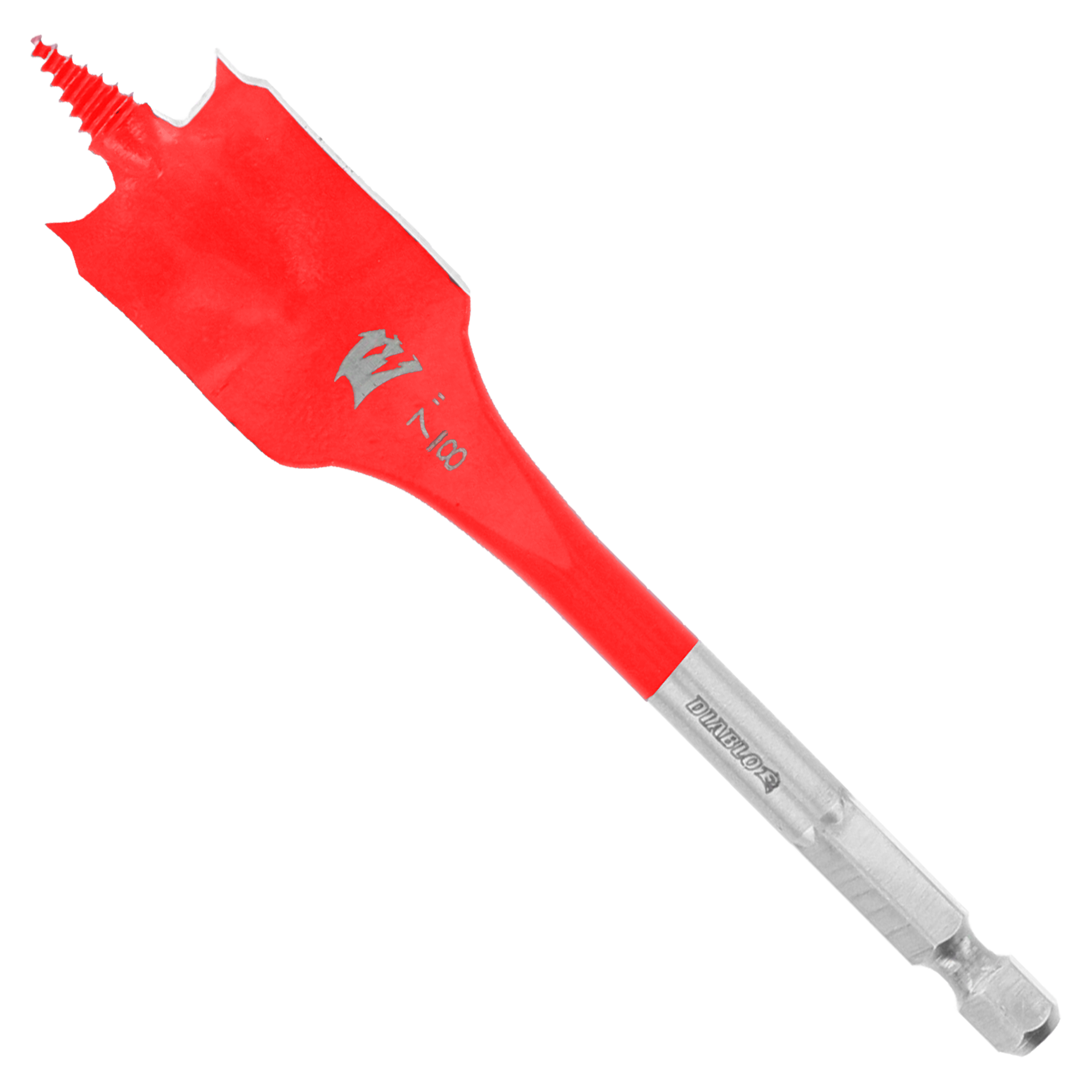Red and gray spade bit with flat, wide cutting head and hexagonal shank for drilling wood.