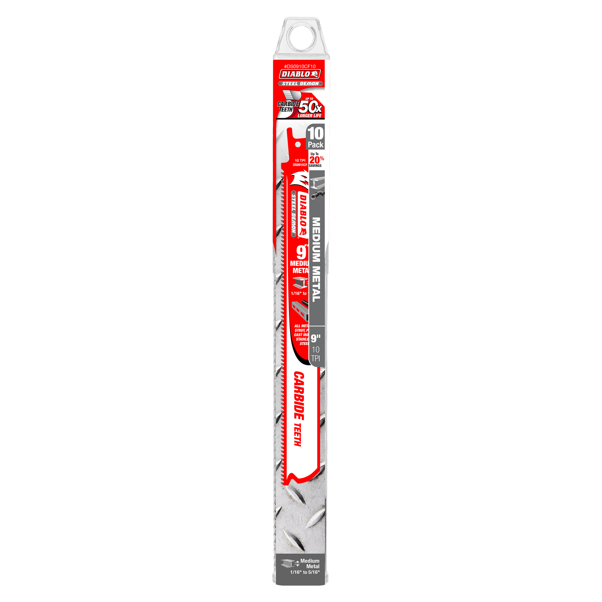 Ten 9-inch steel carbide reciprocating saw blades with red and gray packaging and hanging loop.