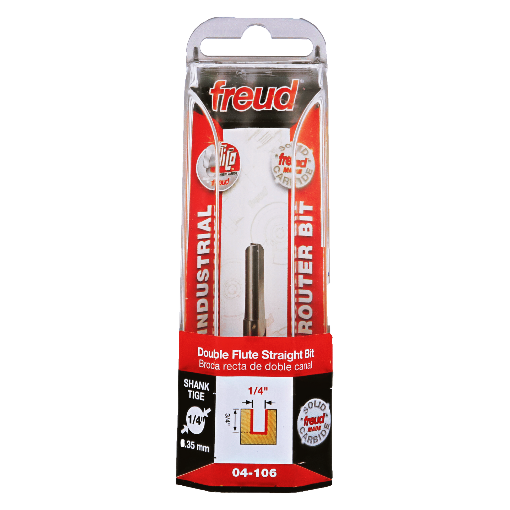 Freud 1/4" diameter double flute straight router bit with 1/4" shank in clear plastic packaging.