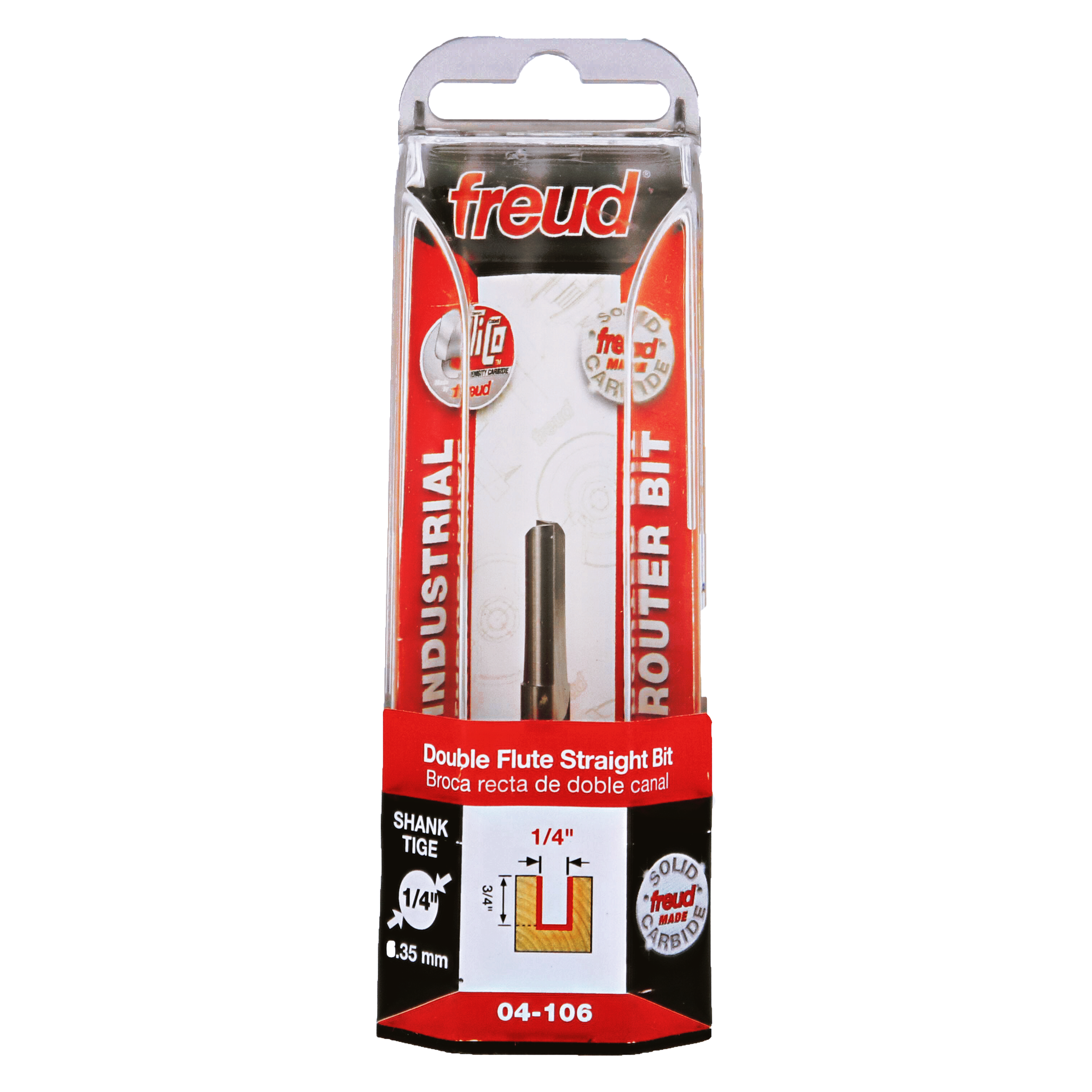 Freud 1/4" diameter double flute straight router bit with 1/4" shank in clear plastic packaging.