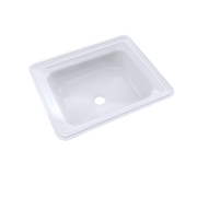 White rectangular undermount bathroom sink with rounded corners and single drain hole.