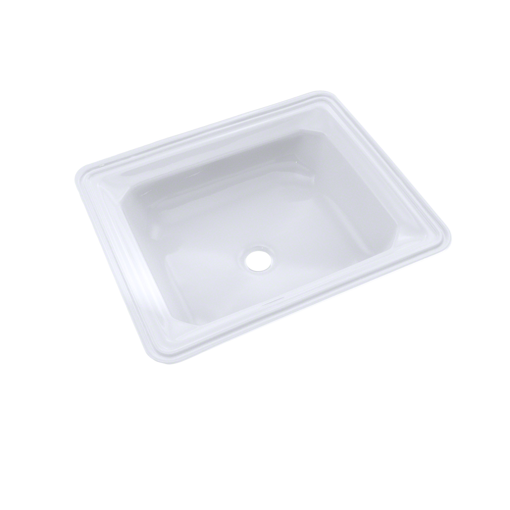 White rectangular undermount bathroom sink with rounded corners and single drain hole.