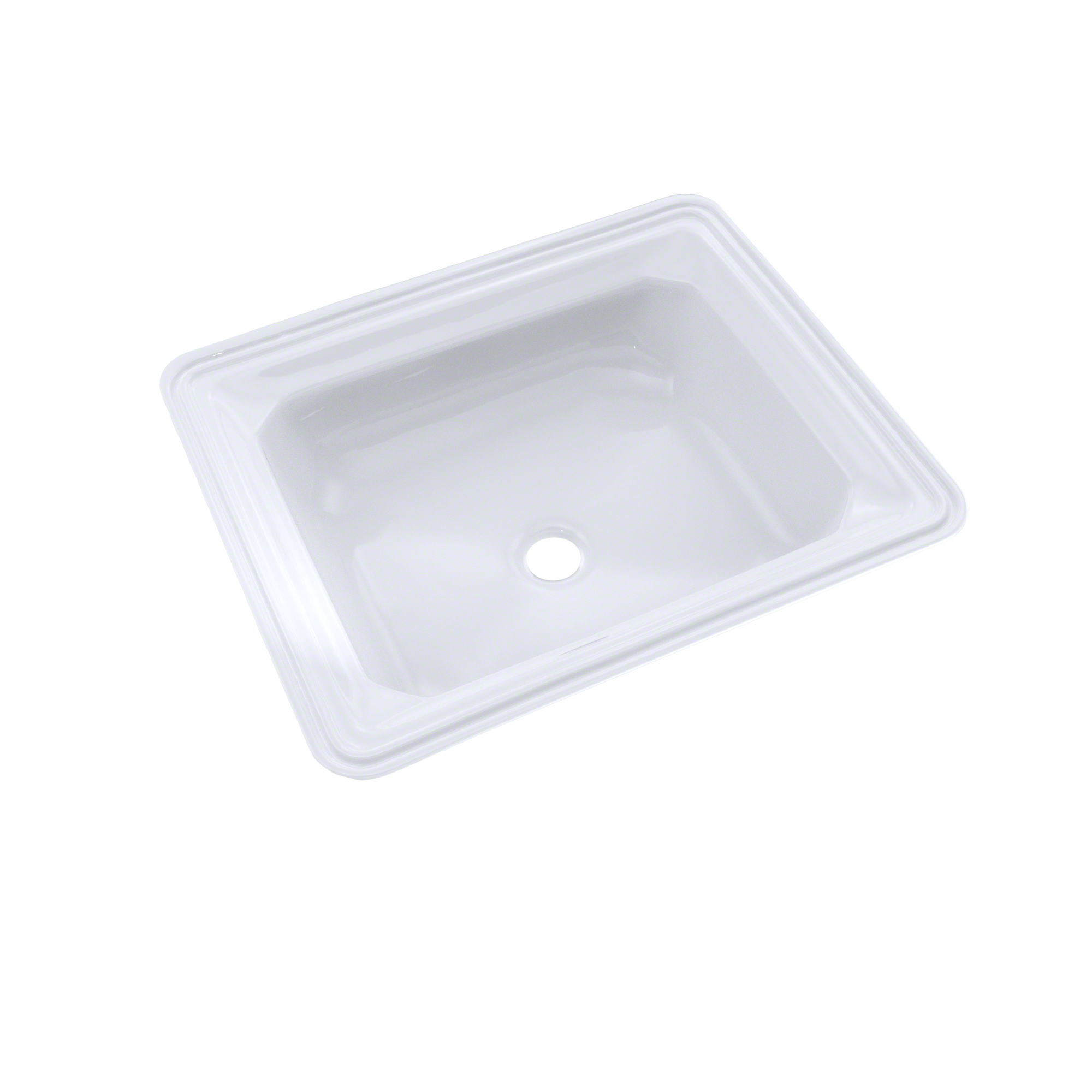 White rectangular undermount bathroom sink with rounded corners and single drain hole.