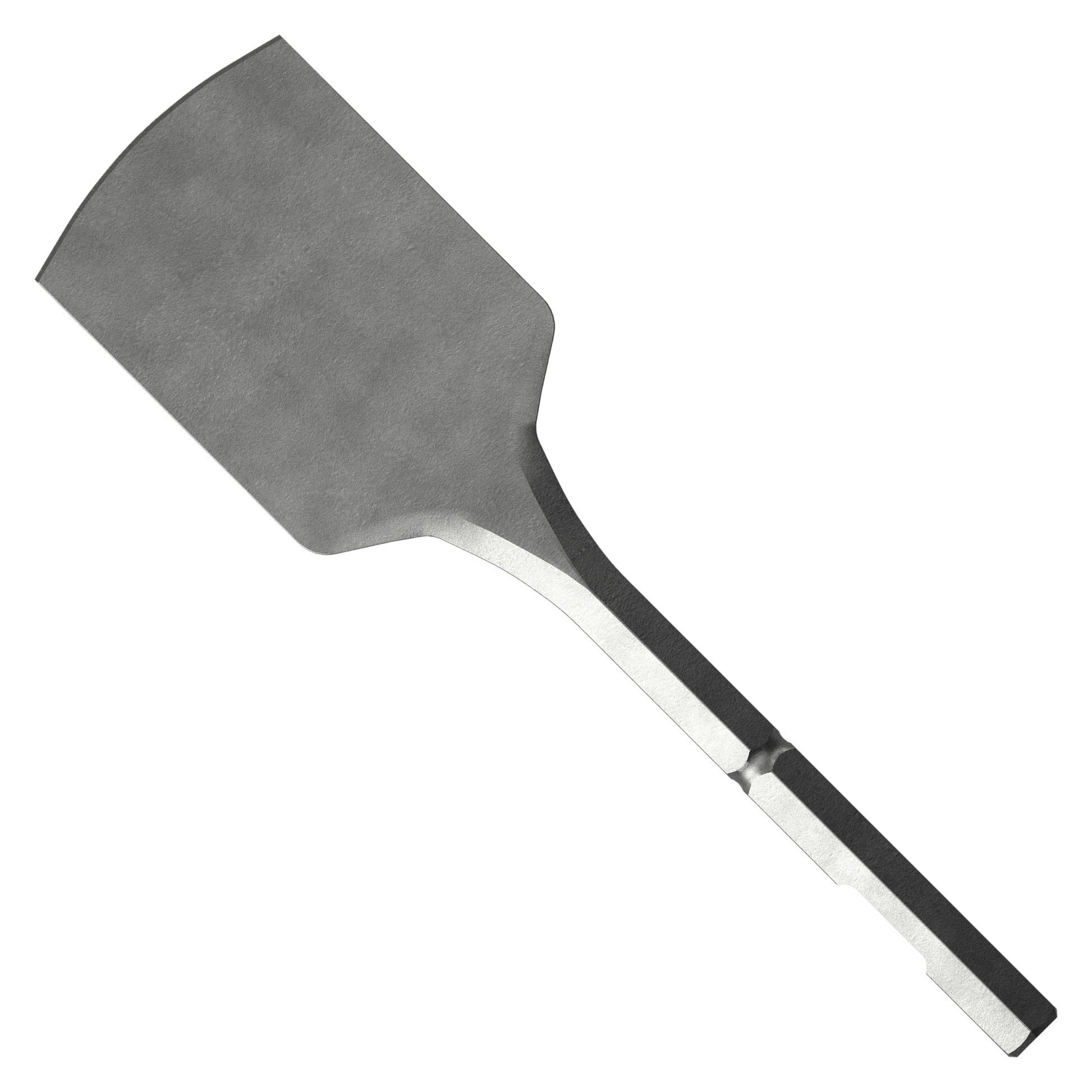 Gray clay spade chisel with hexagonal steel shaft and black grip handle.