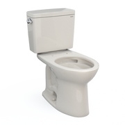 Sedona beige two-piece elongated toilet with separate tank and bowl, seat open, side angle view.