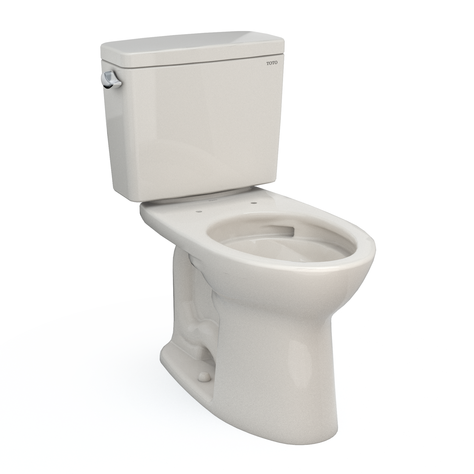 Sedona beige two-piece elongated toilet with separate tank and bowl, seat open, side angle view.