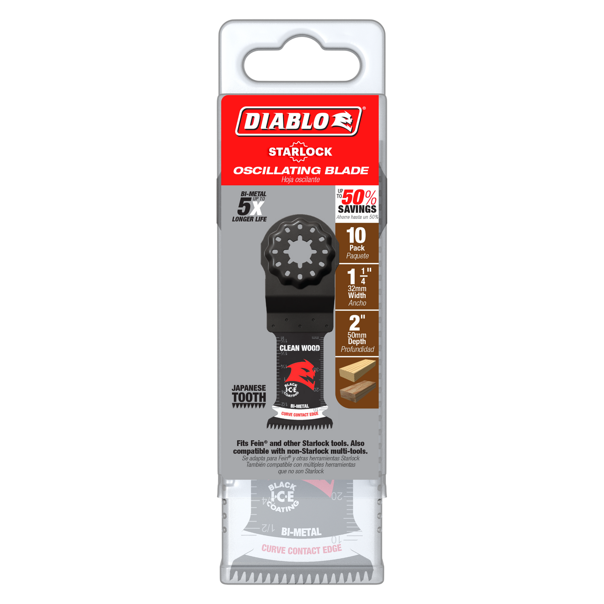 Diablo Starlock bi-metal oscillating blade 1-1/4 in. wide with Japanese tooth design for clean wood cutting.