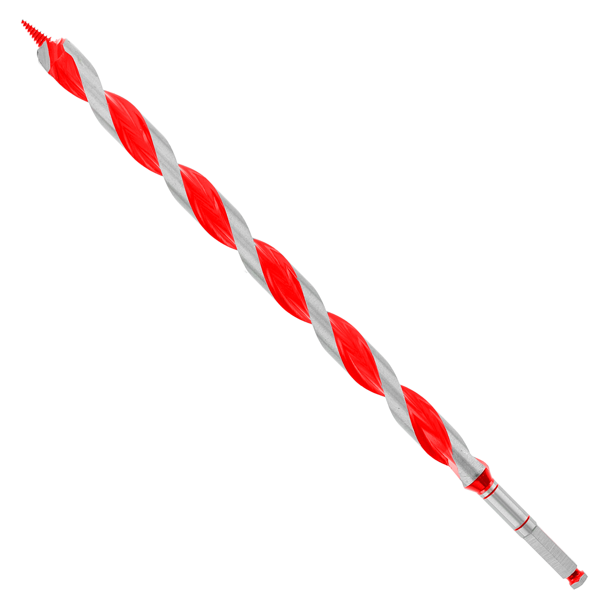 Red and gray spiral auger bit with pointed tip and cylindrical shank.