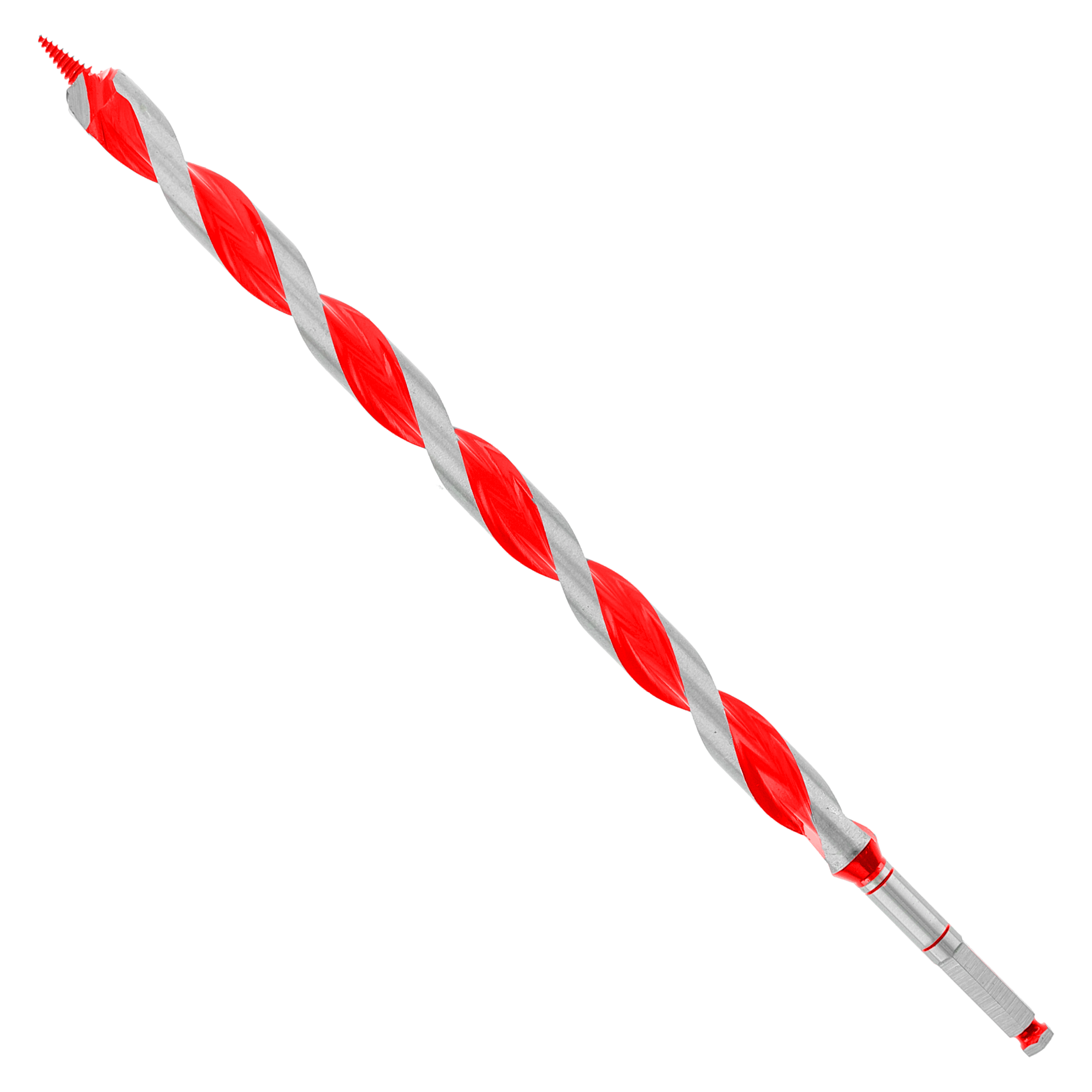 Red and gray spiral auger bit with pointed tip and cylindrical shank.