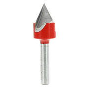 V-shaped router bit with pointed metal tip and red body on metal shaft.