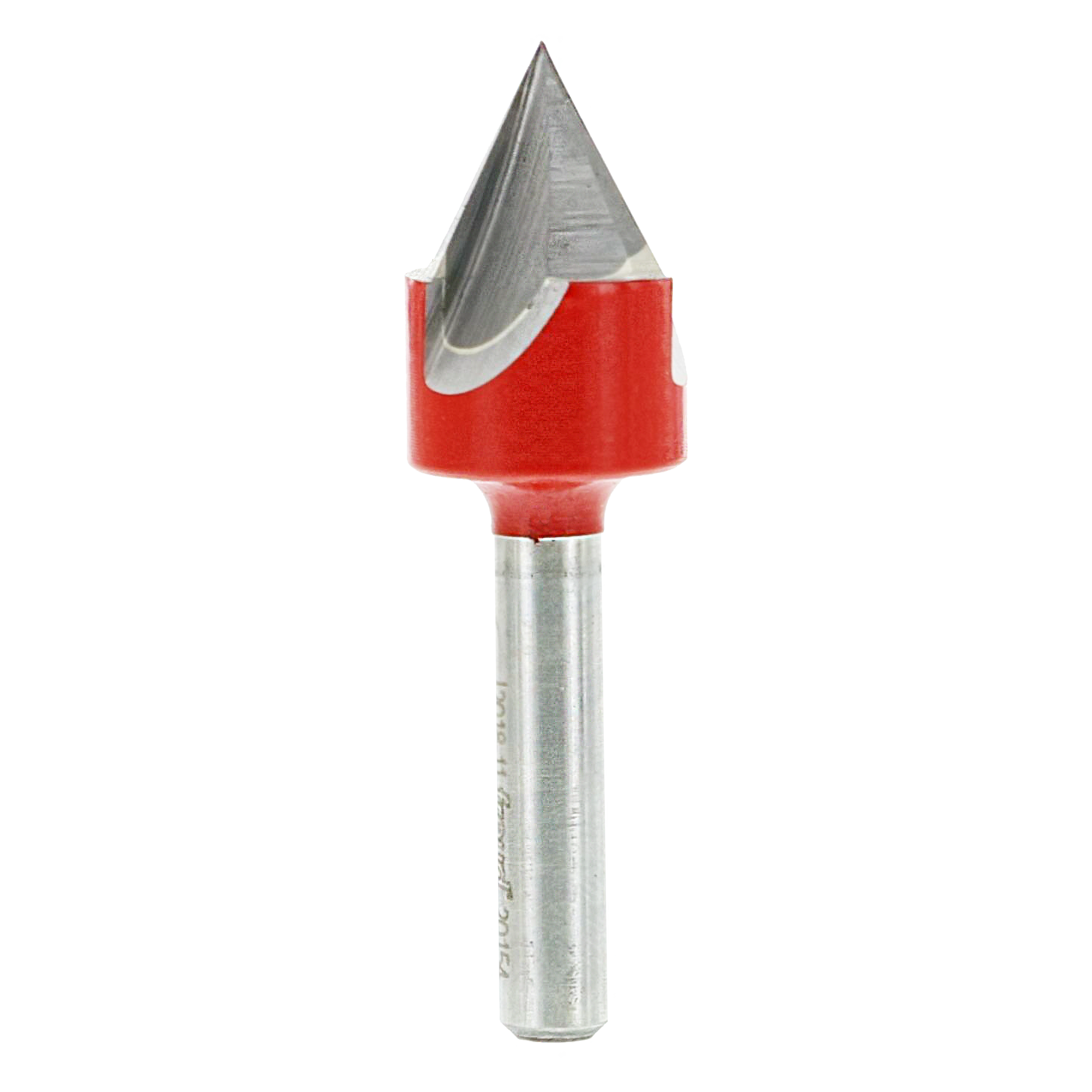 V-shaped router bit with pointed metal tip and red body on metal shaft.