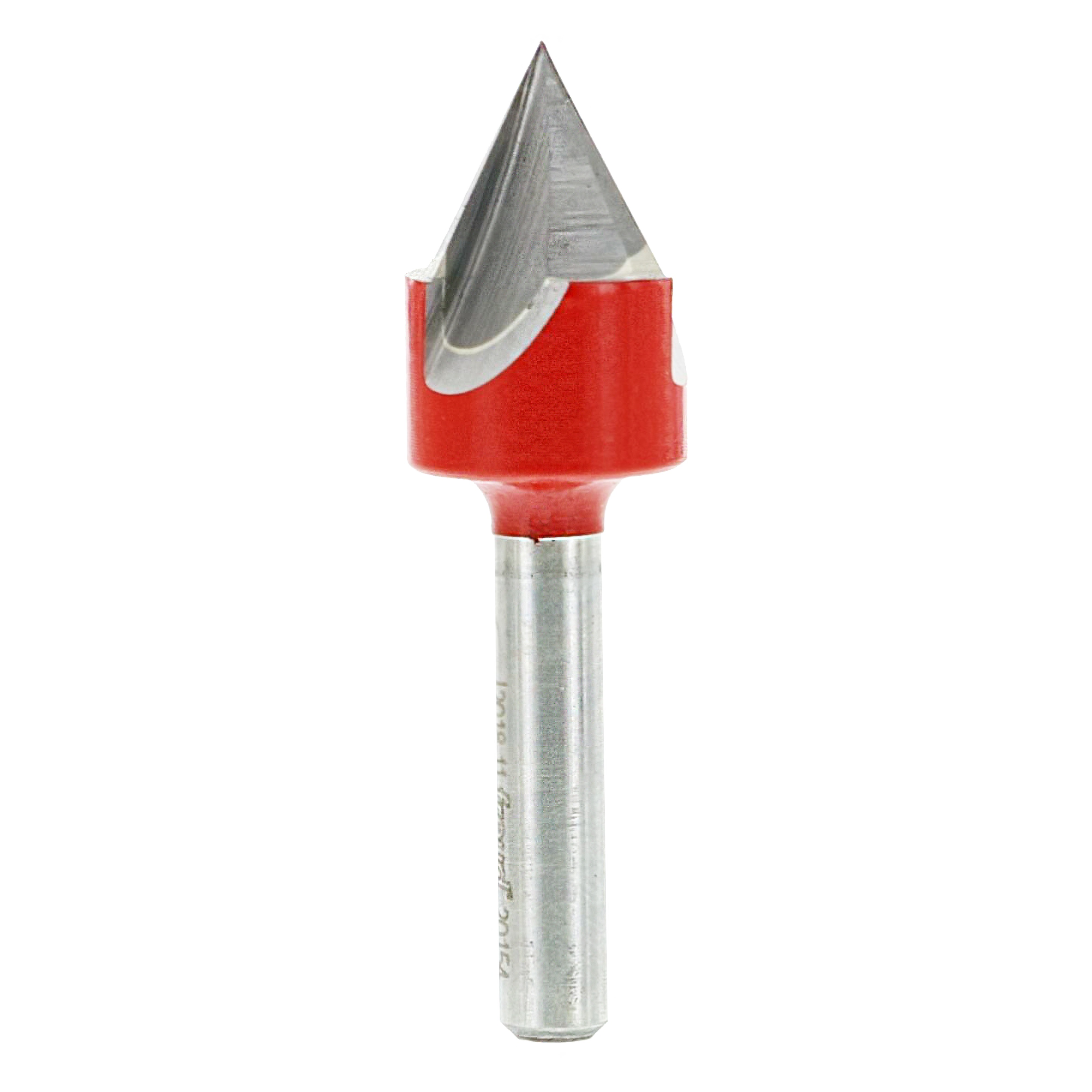 V-shaped router bit with pointed metal tip and red body on metal shaft.