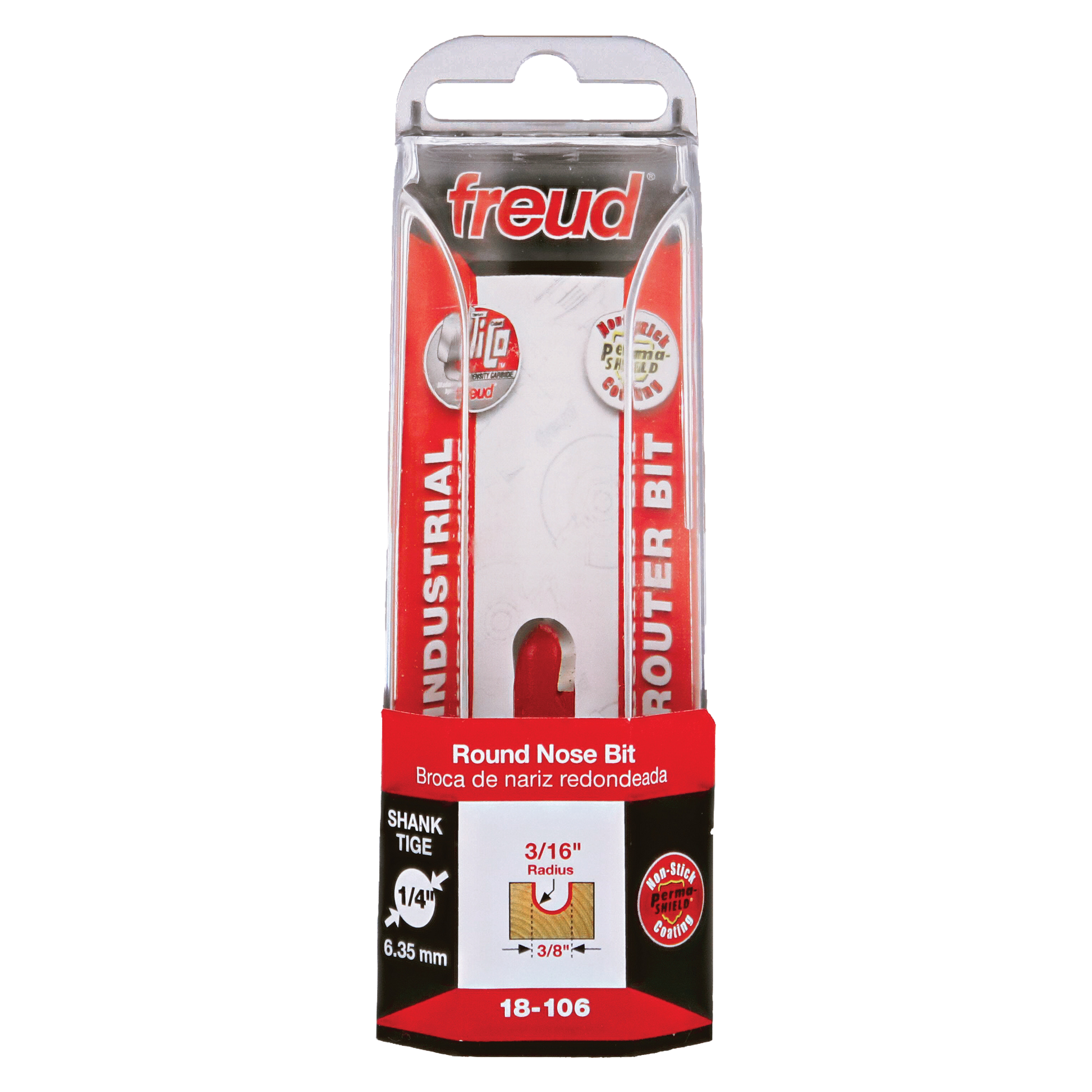 Freud 18-106 round nose router bit with 3/16" radius in clear plastic clamshell packaging.