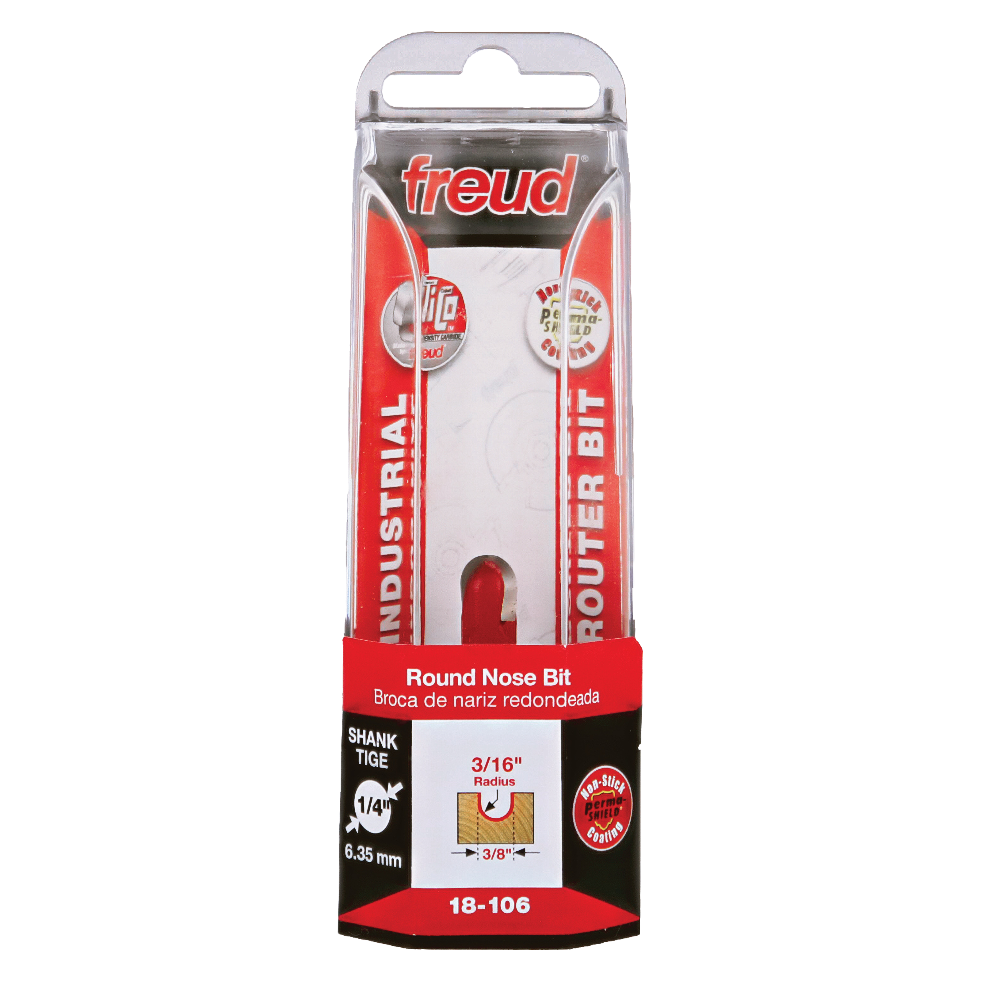 Freud 18-106 round nose router bit with 3/16" radius in clear plastic clamshell packaging.