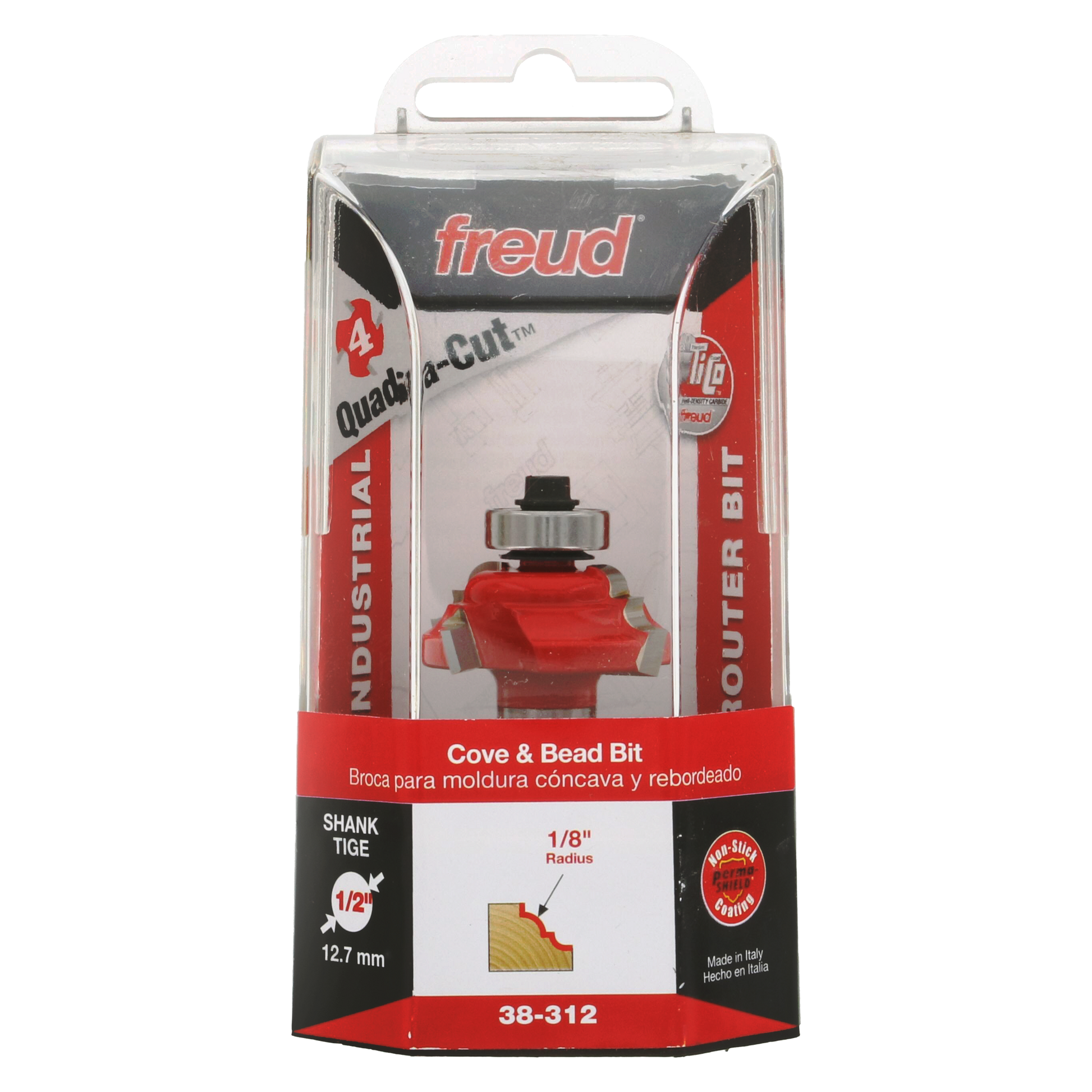 Freud 38-312 cove and bead router bit with red cutting head and 1/2" shank in clear plastic packaging.