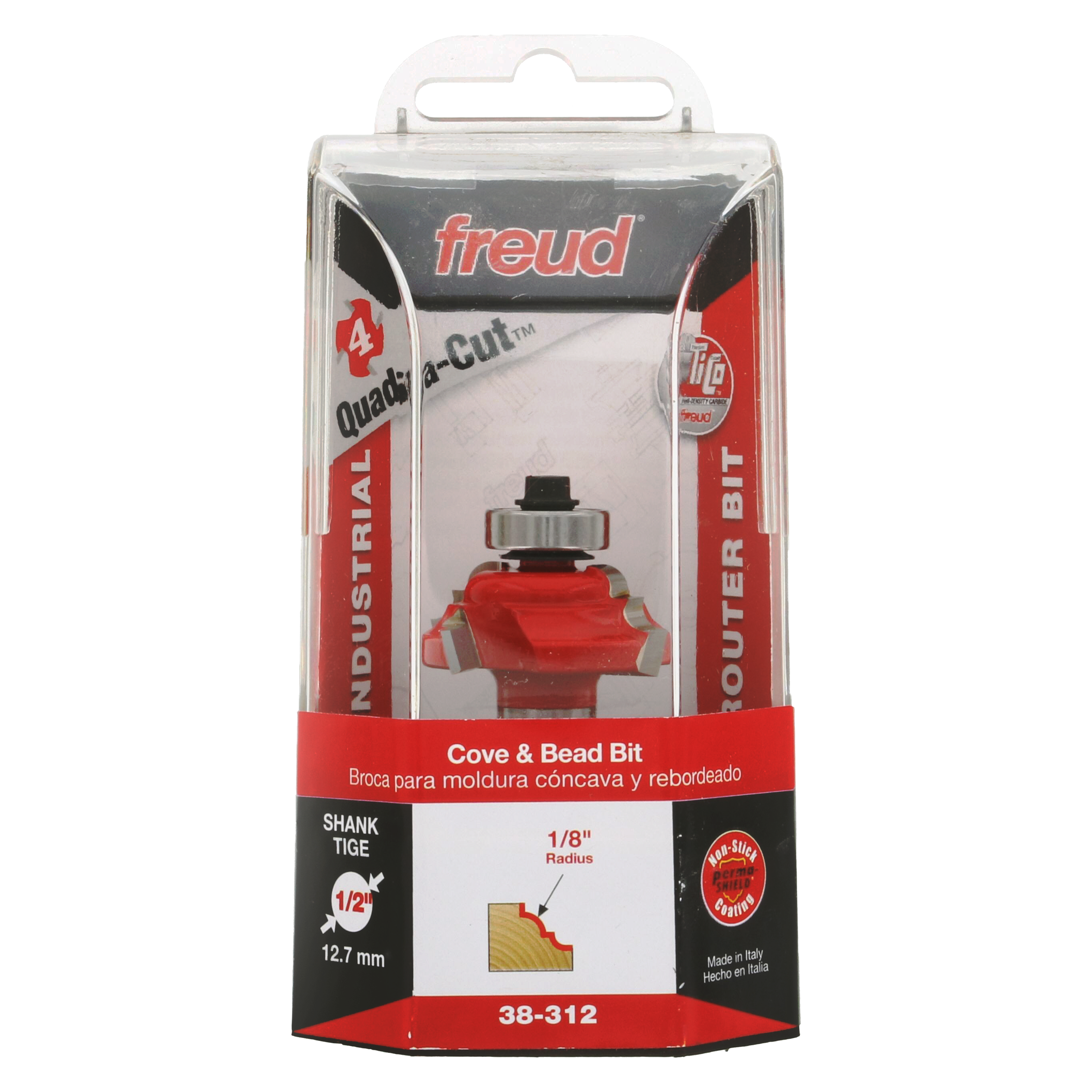 Freud 38-312 cove and bead router bit with red cutting head and 1/2" shank in clear plastic packaging.