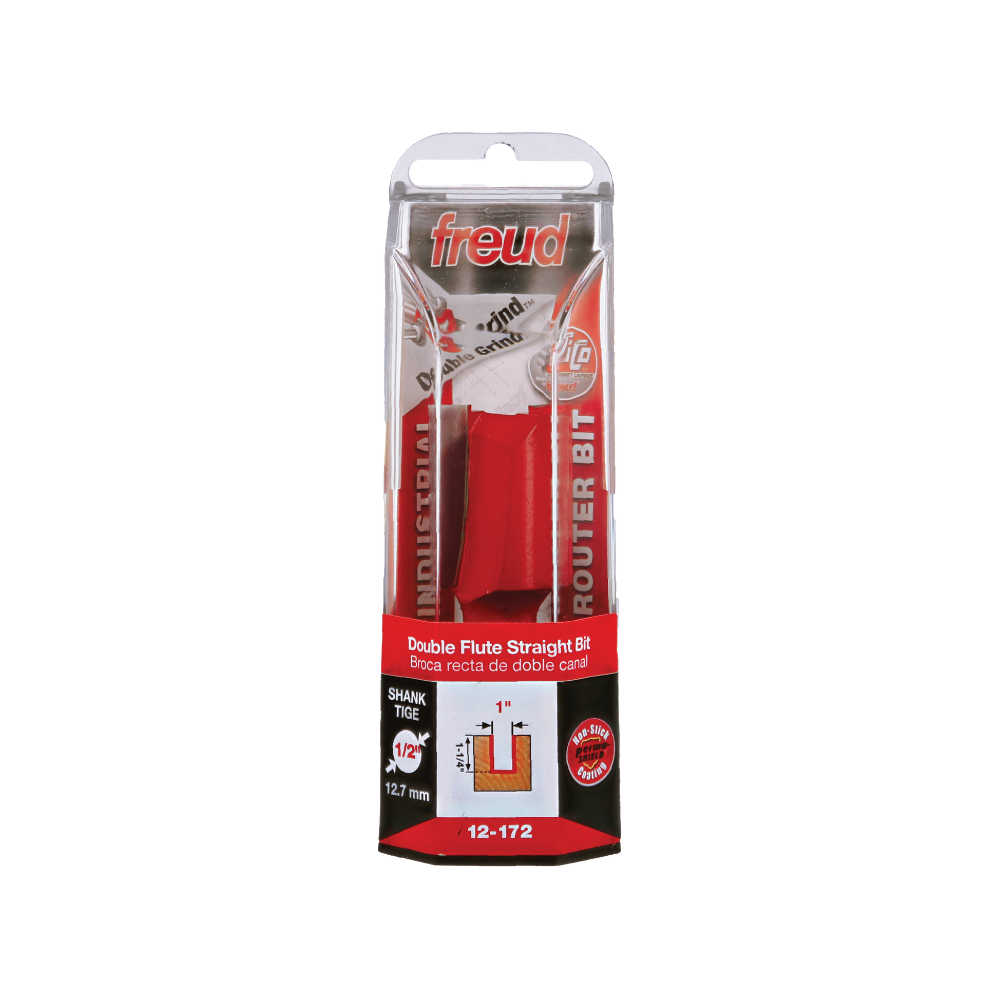 Freud 12-172 double flute straight router bit with 1" diameter and red composite body in clear plastic packaging.