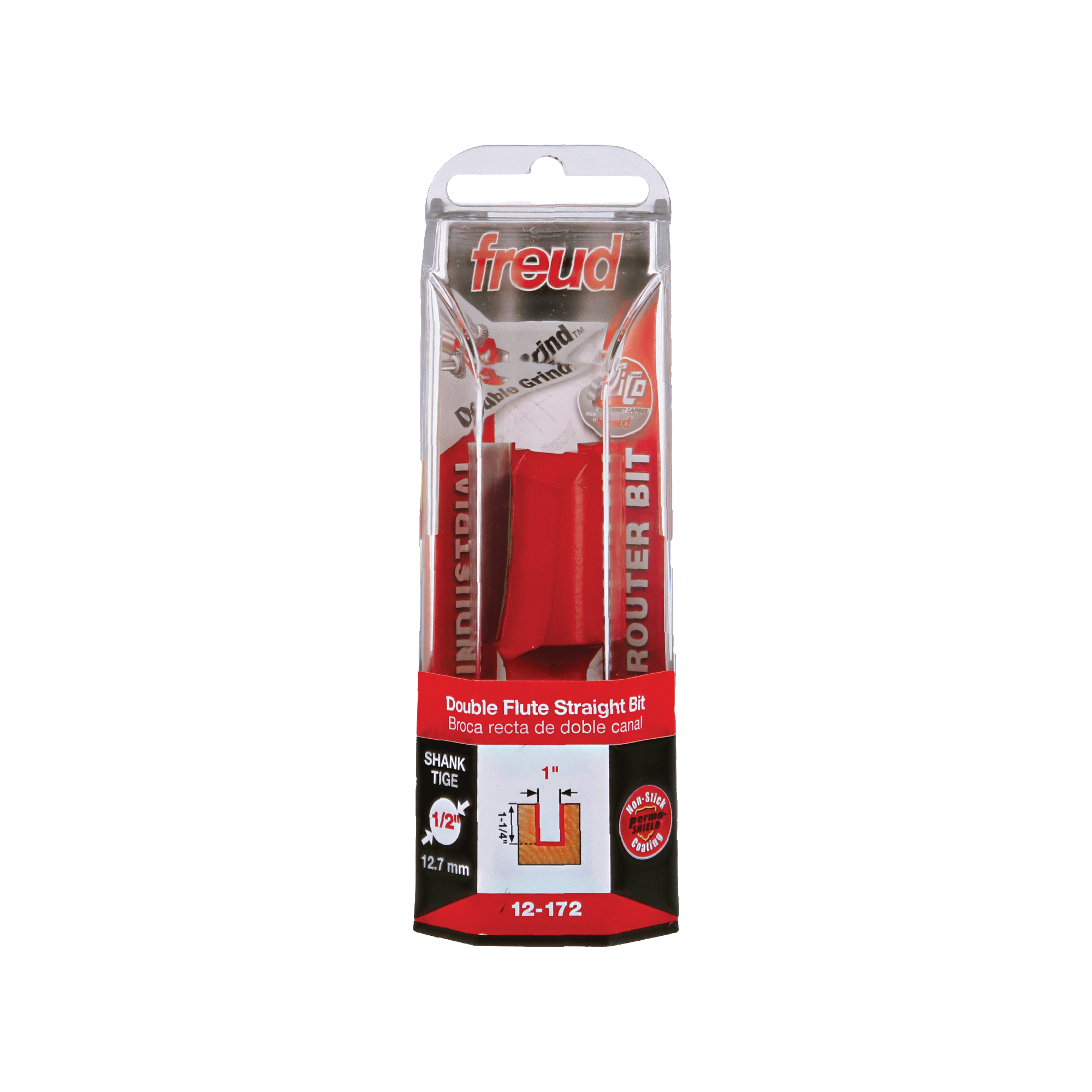 Freud 12-172 double flute straight router bit with 1" diameter and red composite body in clear plastic packaging.