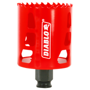 Red Diablo hole saw with jagged cutting edge and black arbor shaft, Diablo branding visible.