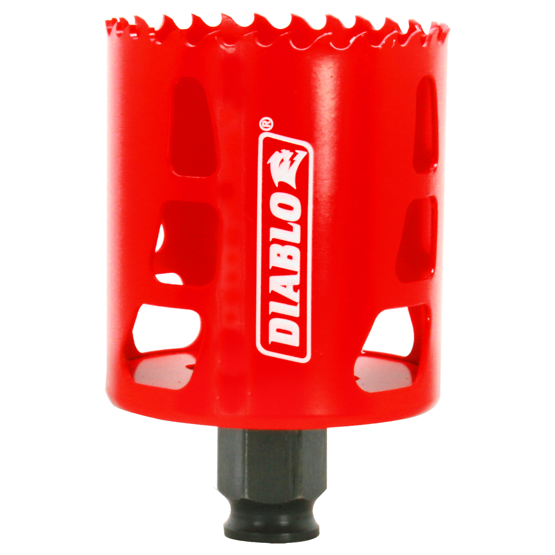 Red Diablo hole saw with jagged cutting edge and black arbor shaft, Diablo branding visible.