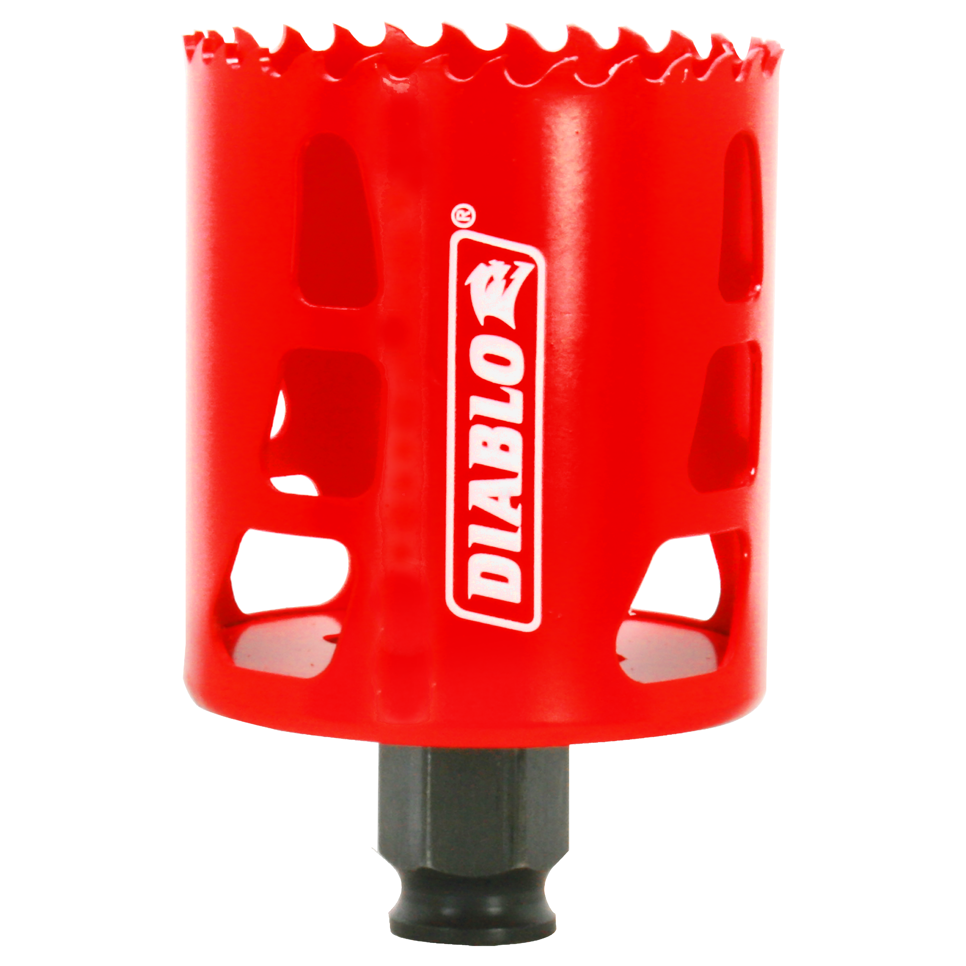 Red Diablo hole saw with jagged cutting edge and black arbor shaft, Diablo branding visible.