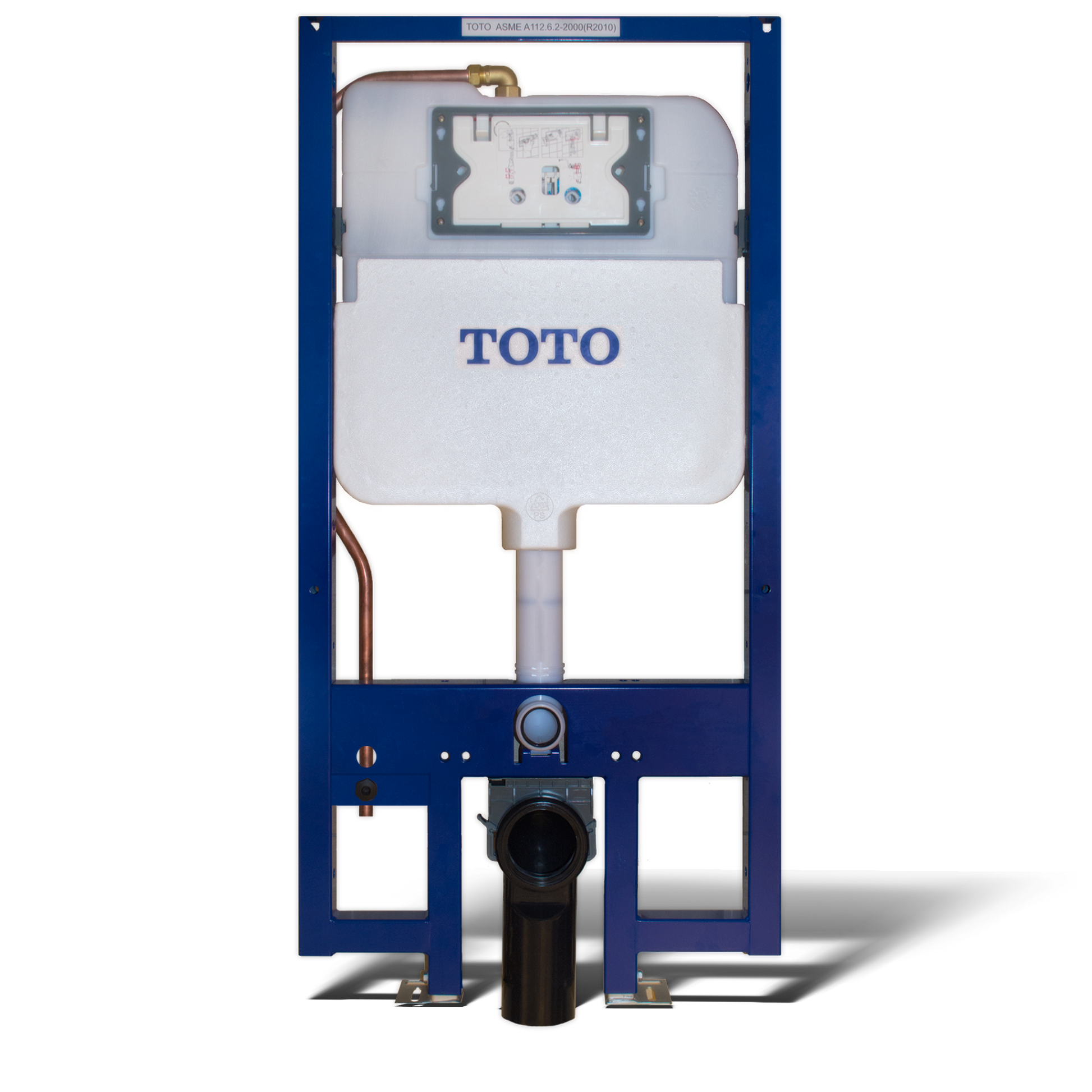 Toto Duofit in-wall tank system with white reservoir, dual flush mechanism, and copper supply line mounted in blue frame.