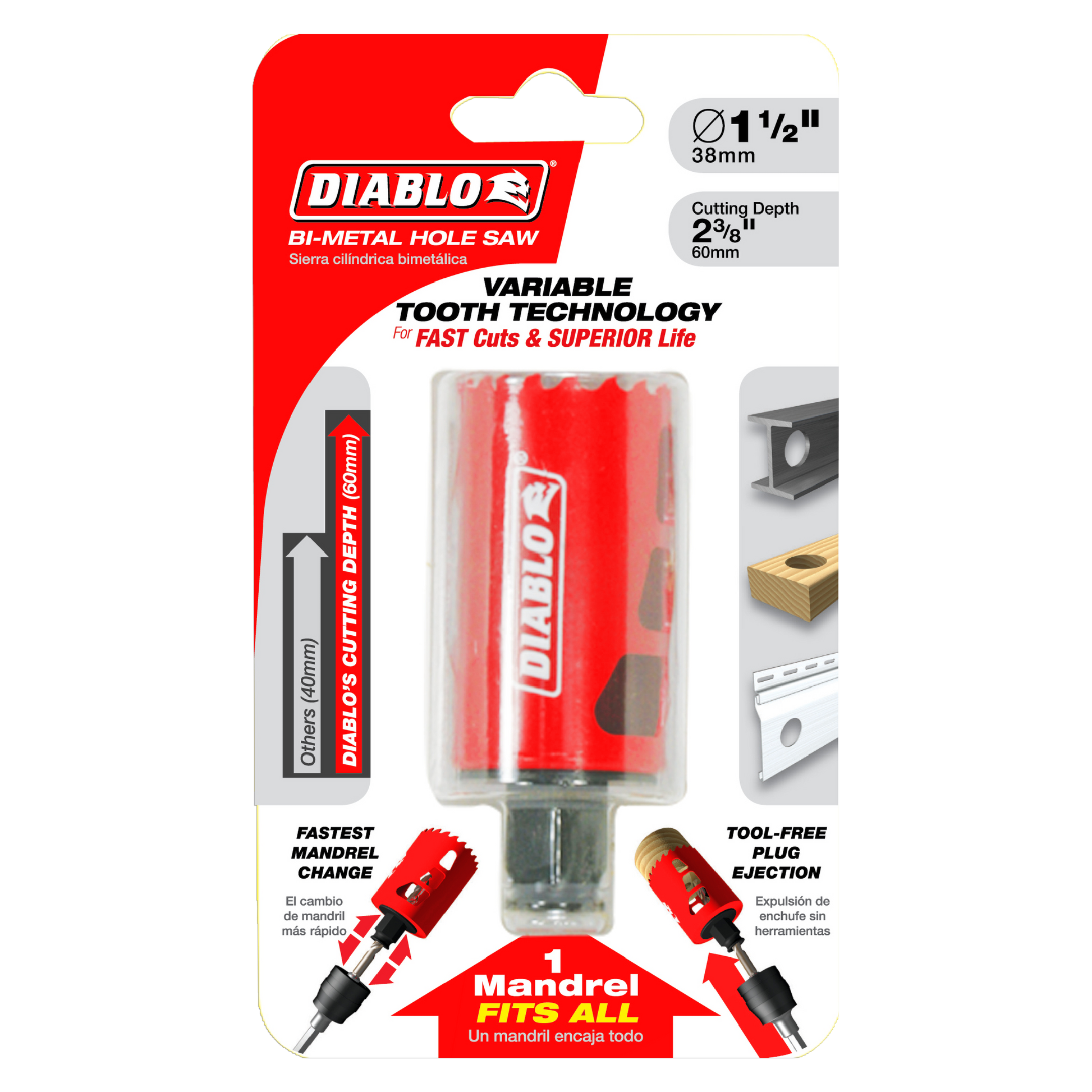 Diablo bi-metal hole saw with 1-1/2 inch diameter and 2-3/8 inch cutting depth in red packaging.