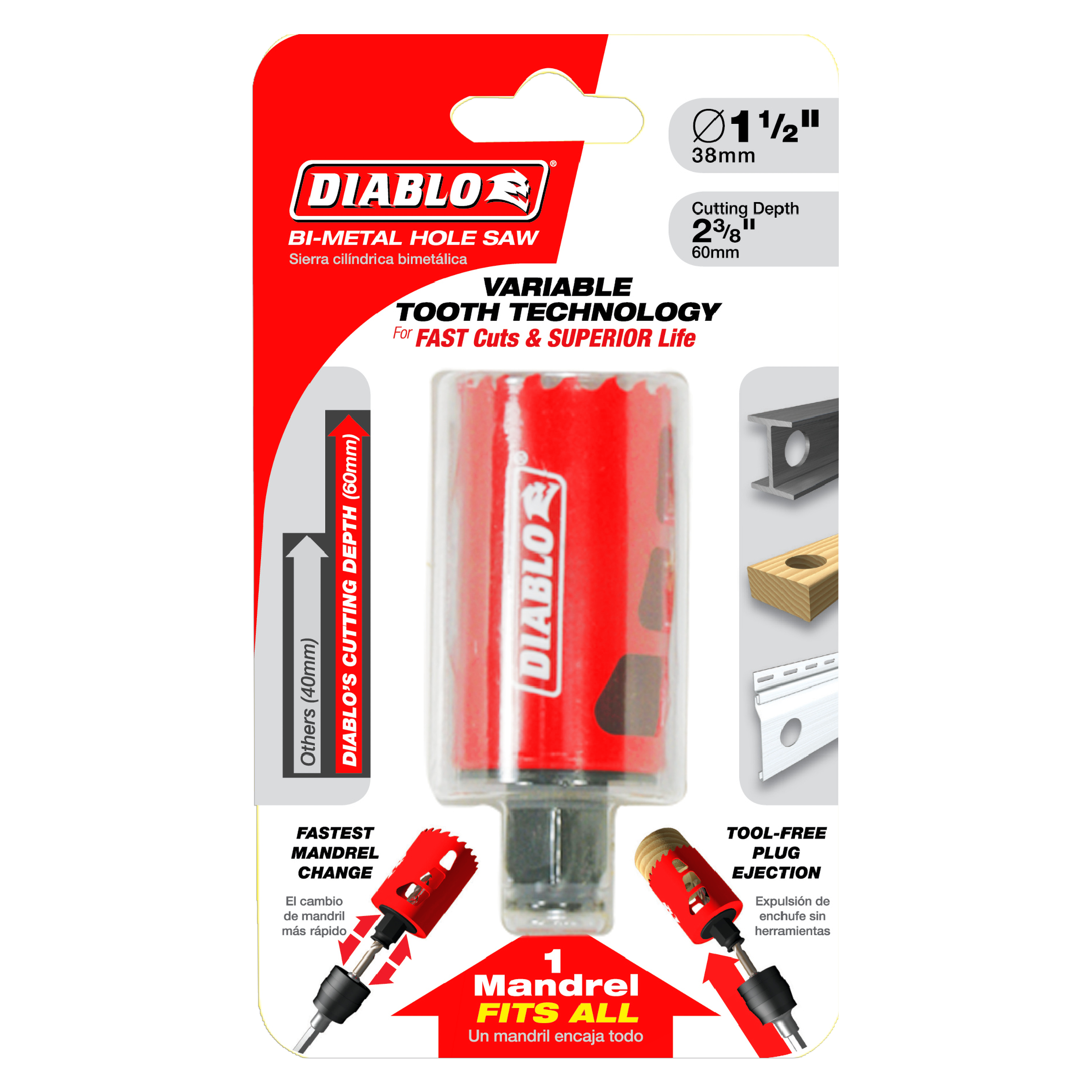 Diablo bi-metal hole saw with 1-1/2 inch diameter and 2-3/8 inch cutting depth in red packaging.