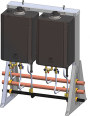 Two dark brown tankless water heaters mounted on aluminum frame with copper piping, brass fittings, and control knobs on top.