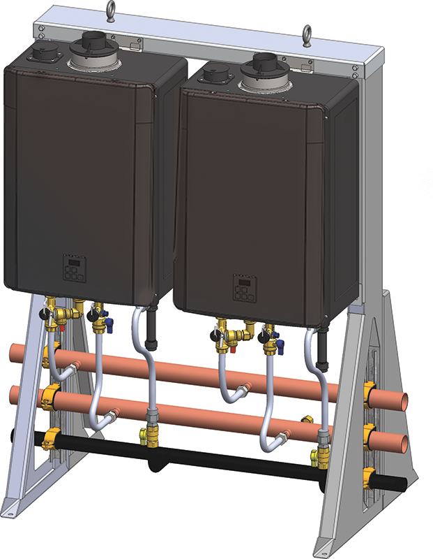 Two dark brown tankless water heaters mounted on aluminum frame with copper piping, brass fittings, and control knobs on top.