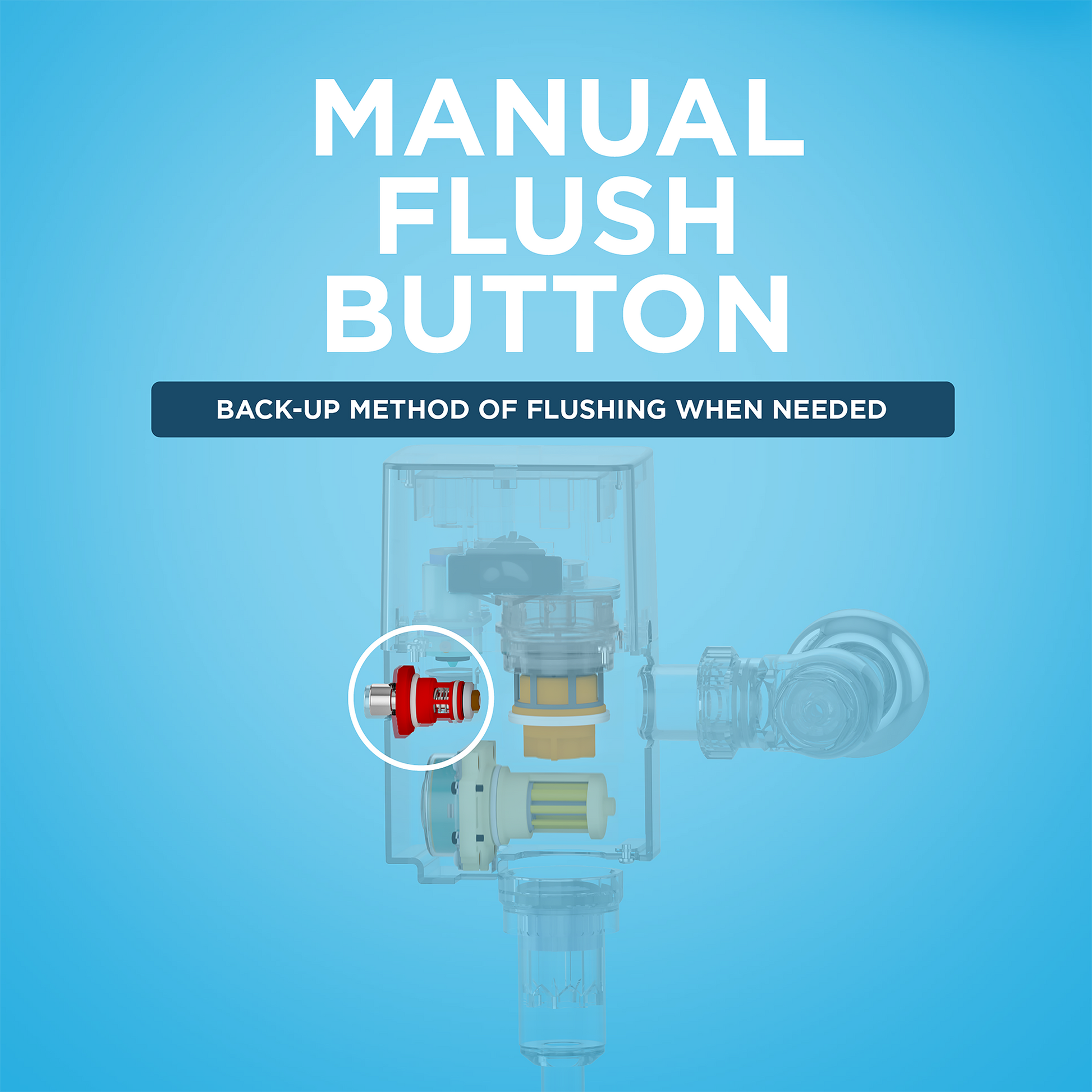 Concealed toilet flush valve with red manual flush button and polished chrome trim visible on transparent housing against blu