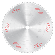 Freud 400mm circular saw blade with carbide-tipped teeth and center hole, marked with red symbols around the edge.