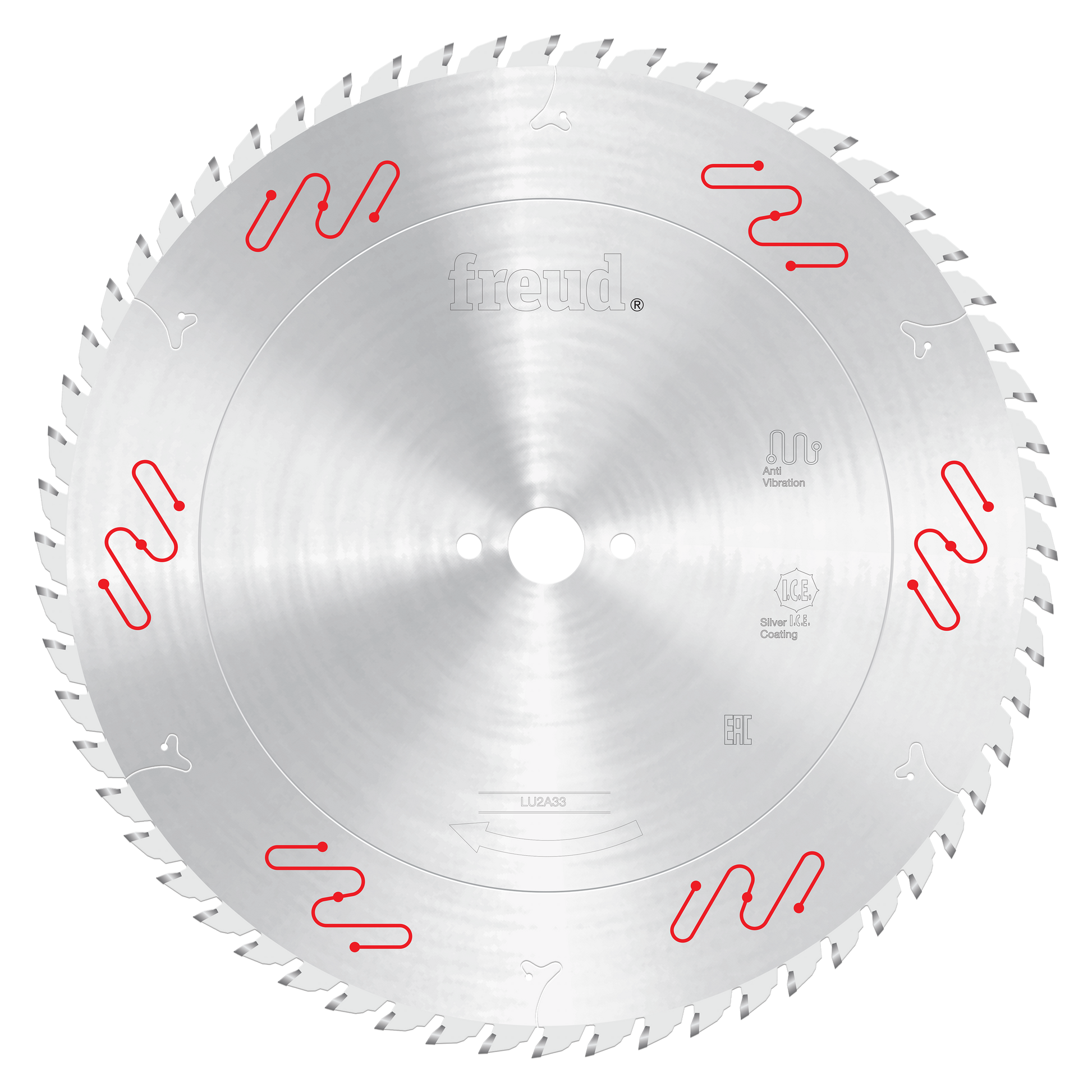Freud 400mm circular saw blade with carbide-tipped teeth and center hole, marked with red symbols around the edge.