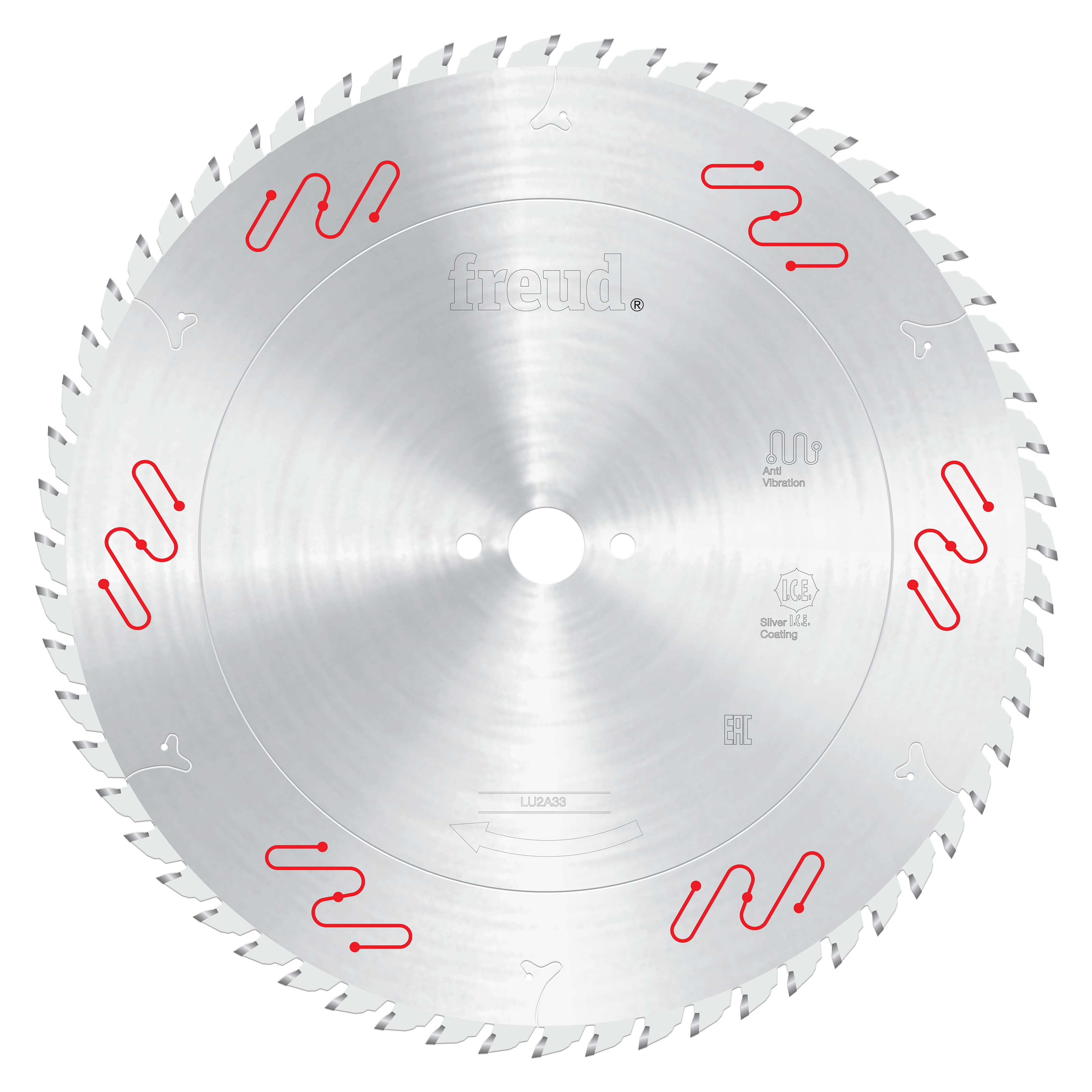 Freud 400mm circular saw blade with carbide-tipped teeth and center hole, marked with red symbols around the edge.
