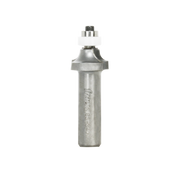 Metal rounding over router bit with 1/4" radius profile, white bearing collar, and black grip top on cylindrical shaft.