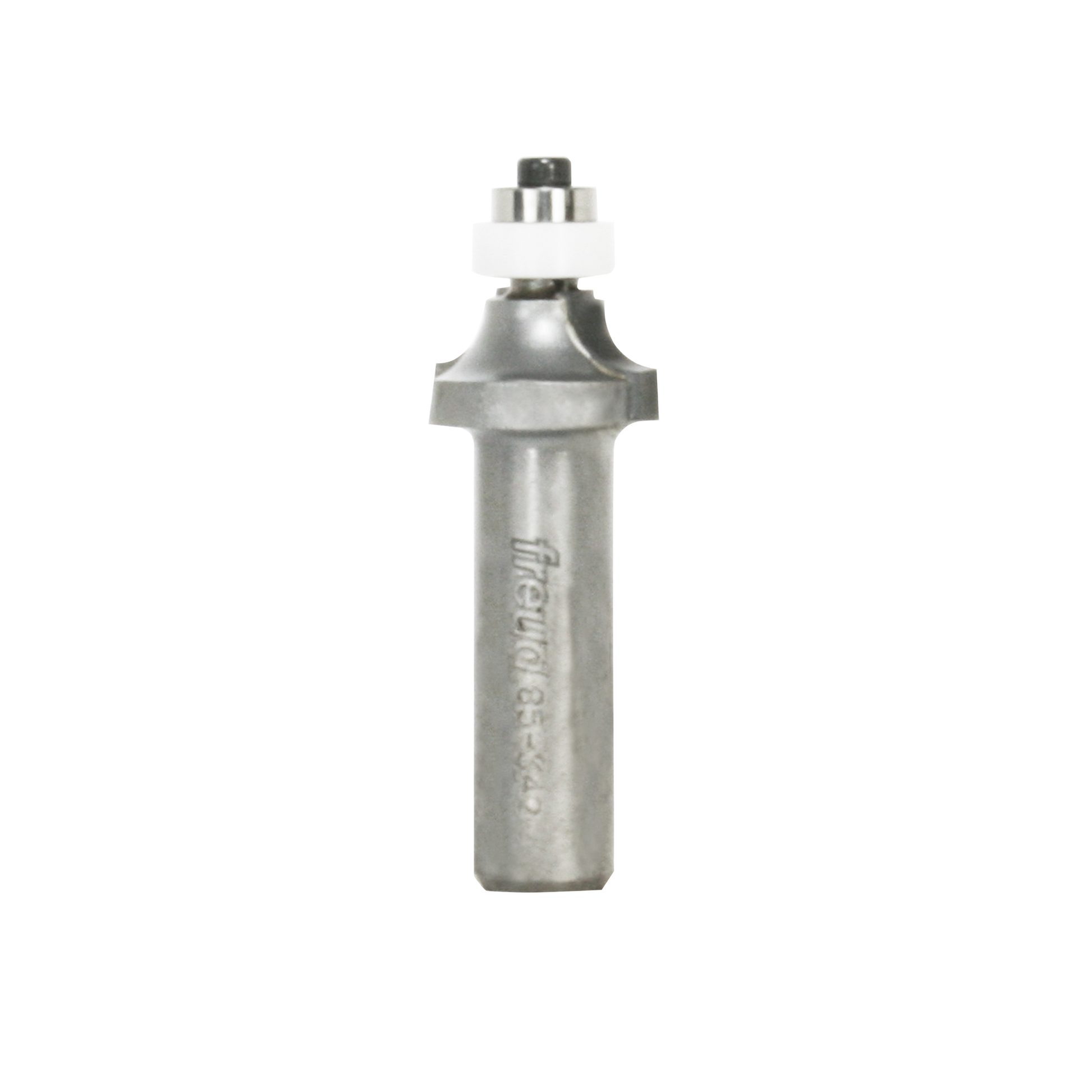 Metal rounding over router bit with 1/4" radius profile, white bearing collar, and black grip top on cylindrical shaft.