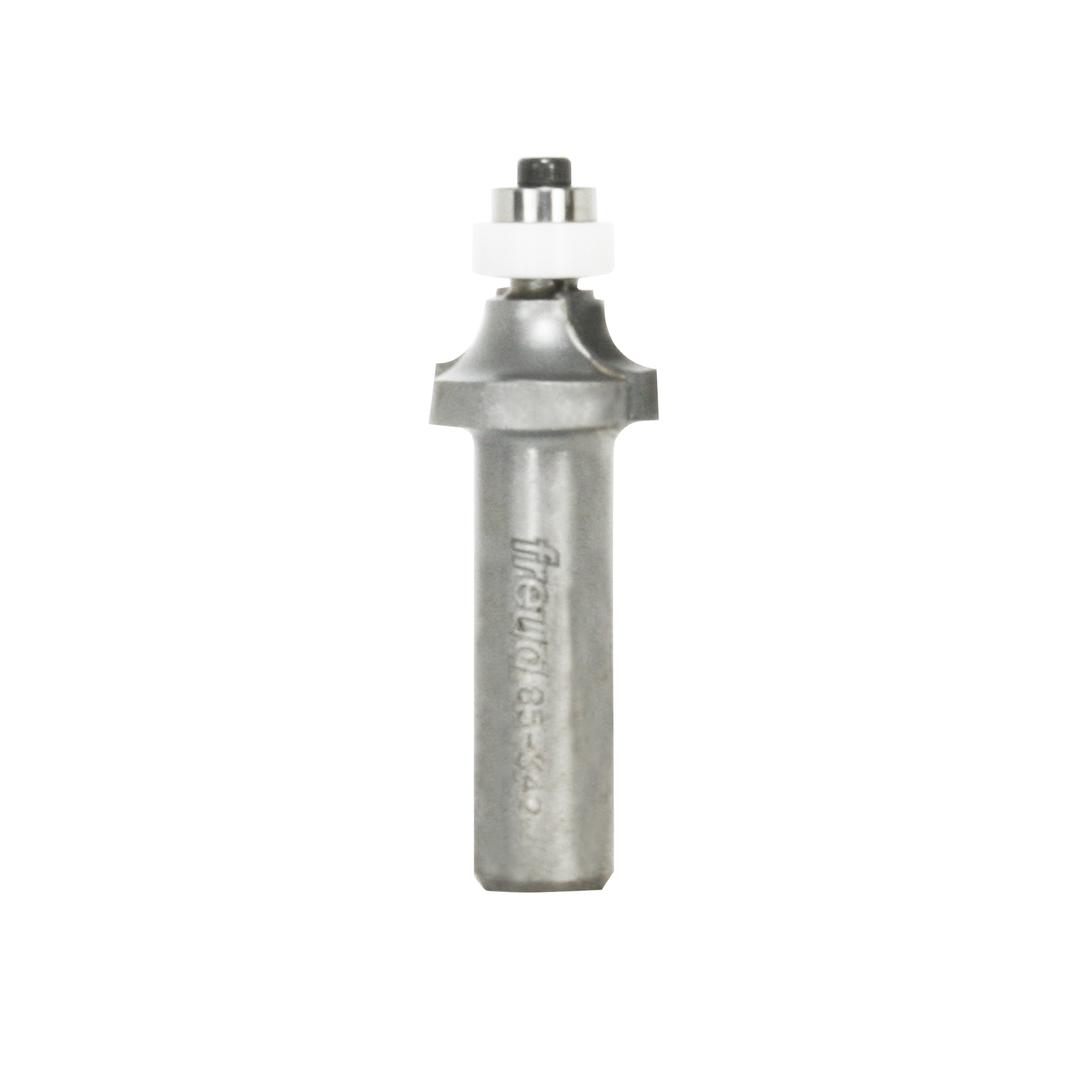 Metal rounding over router bit with 1/4" radius profile, white bearing collar, and black grip top on cylindrical shaft.