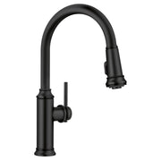 Matte black pull-down kitchen faucet with curved spout and single lever handle.