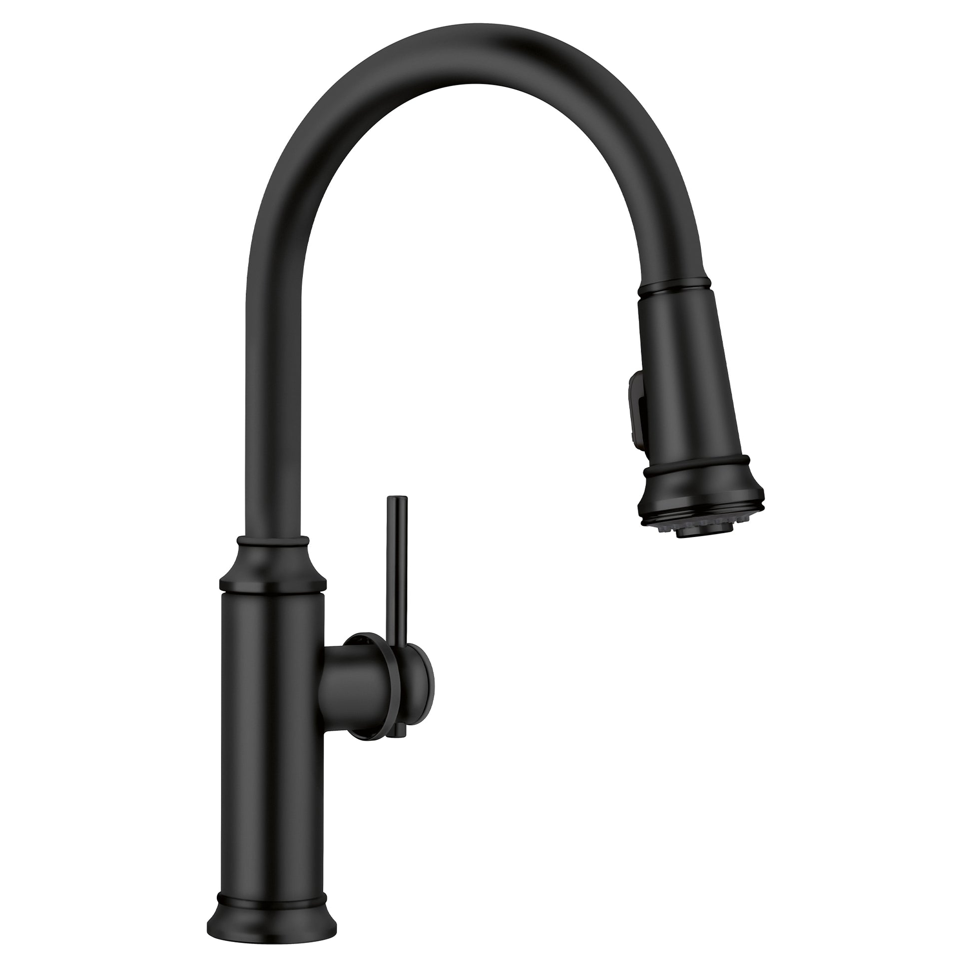 Matte black pull-down kitchen faucet with curved spout and single lever handle.