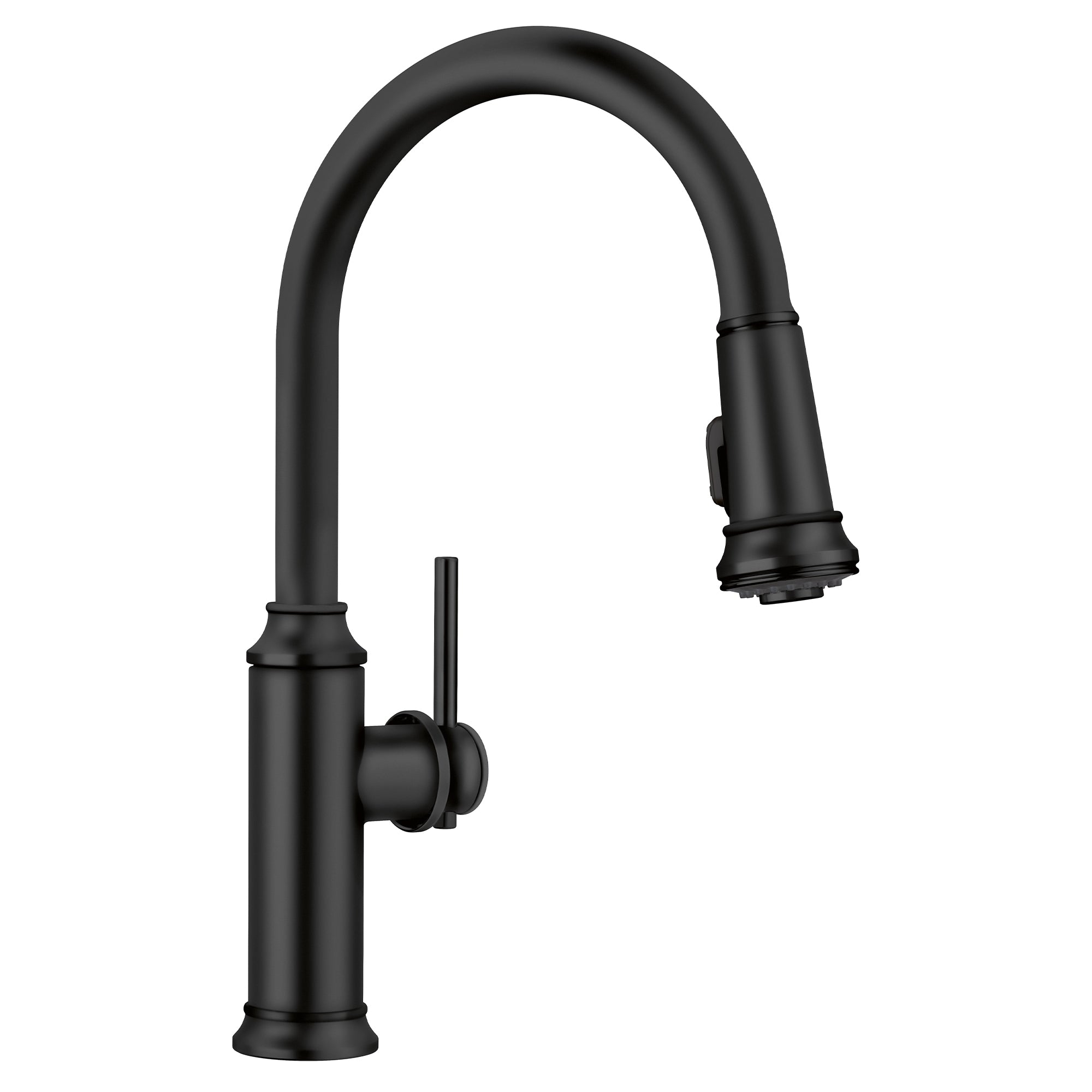 Matte black pull-down kitchen faucet with curved spout and single lever handle.