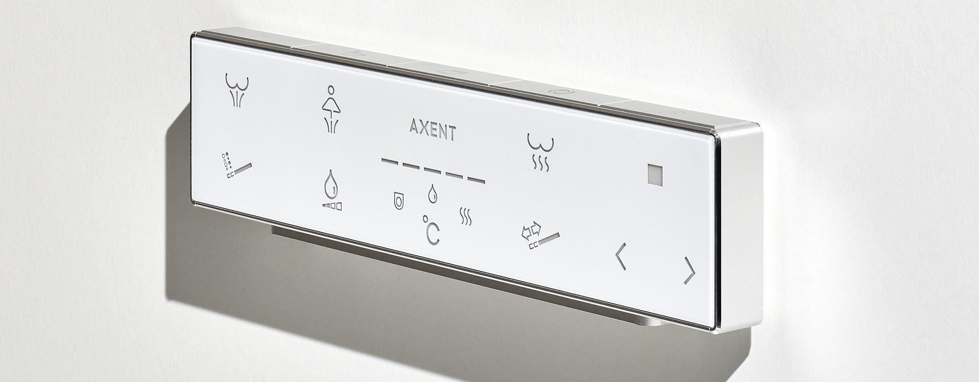 White and chrome wall-mounted intelligent toilet control panel with AXENT branding and function icons.