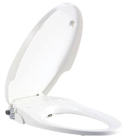 White round bidet seat with hinged lid, mounted on toilet bowl with side control panel and adjustment knob.