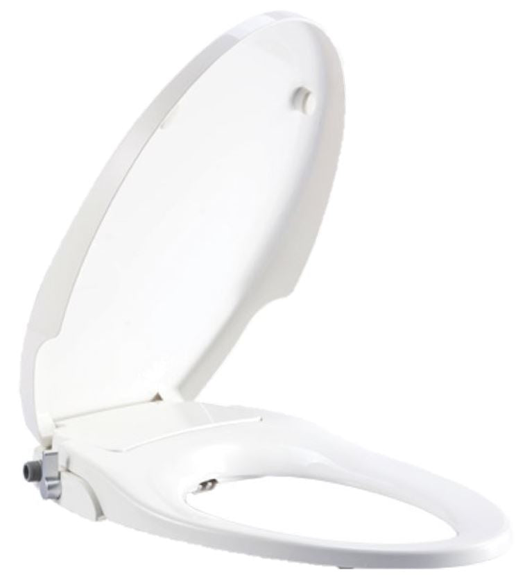 White round bidet seat with hinged lid, mounted on toilet bowl with side control panel and adjustment knob.