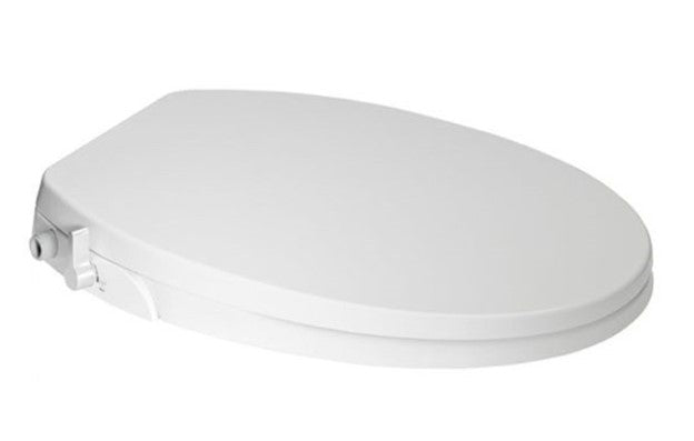White round bidet seat with control lever on side, designed to fit standard toilets.