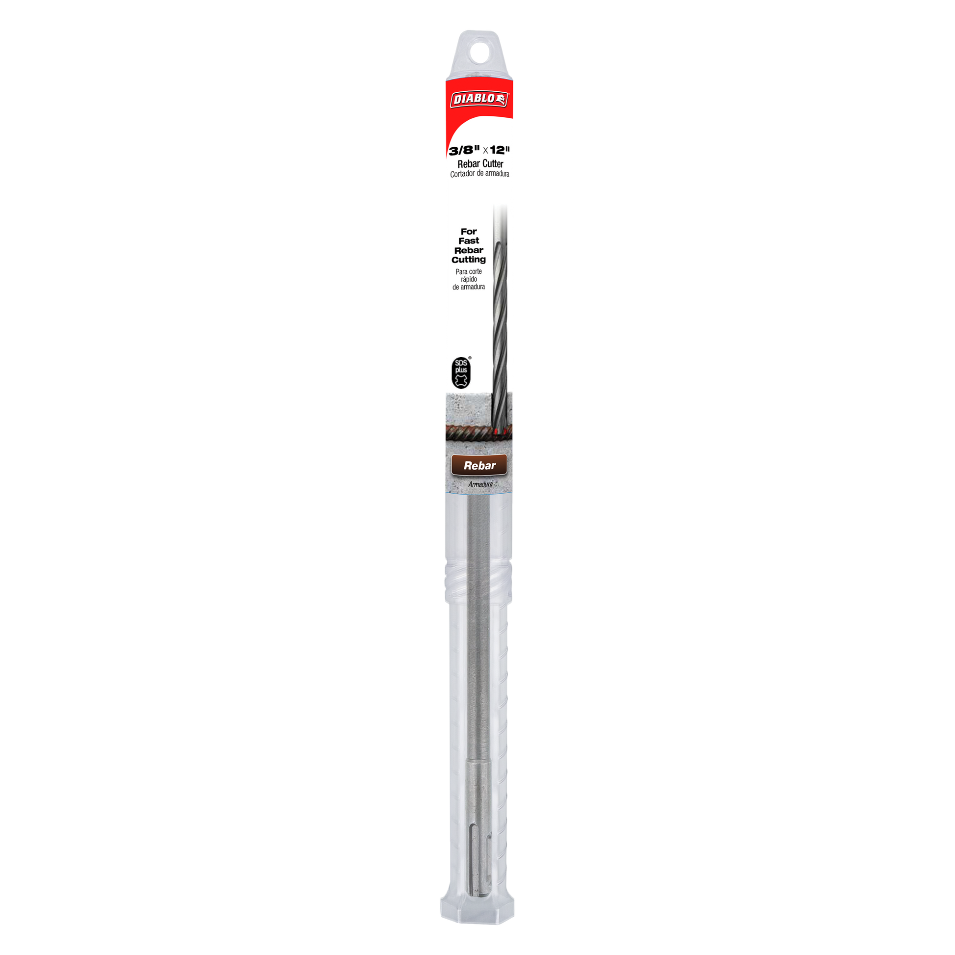 Diablo SDS-Plus rebar cutter bit with 3/8 inch diameter and 12 inch length, displayed in packaging.